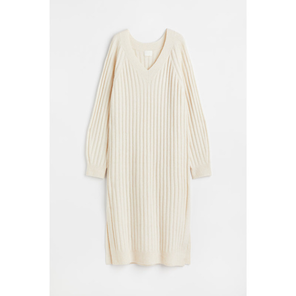 H&M Women's Long Wool blend Rib Sweater Dress Ivory Size Small Midi Long Sleeve - Picture 1 of 7